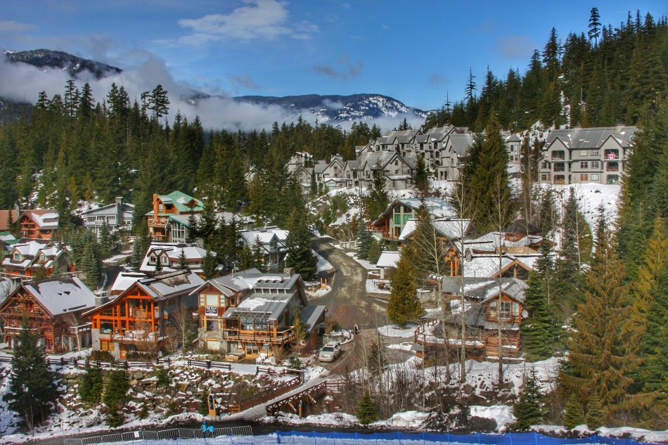 Cozy town, surrounded by snow-covered trees and a winter landscape. The sky is a bright blue, contrasting with the white snow, symbolizing a new adventure in a colder climate.