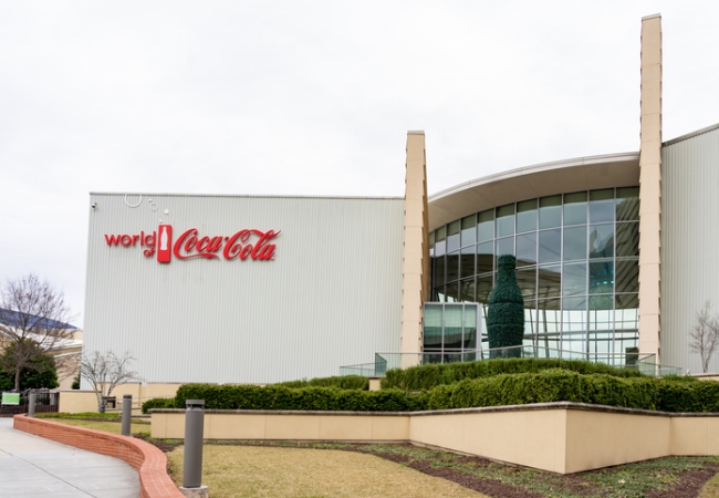 Exterior view of World of Coca-Cola in Atlanta, Georgia, USA. The World of Coca-Cola is a museum showcasing the history of The Coca-Cola Company.