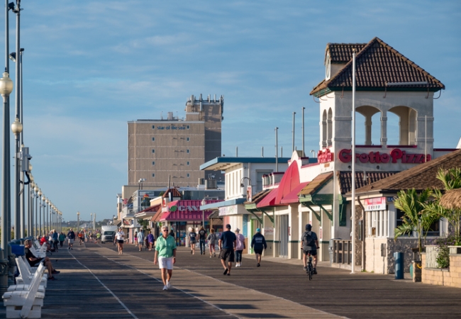 Hotels and shops along the boardwalk in Rehoboth Beach in Delaware